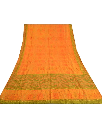 Sanskriti Vintage Saffron Sarees Pure Silk Hand Embroidered Kantha Sari Fabric, PS-59616-Saffron-Thread Work-100% Pure Silk-8