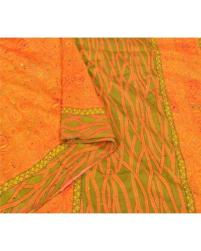 Sanskriti Vintage Saffron Sarees Pure Silk Hand Embroidered Kantha Sari Fabric, PS-59616-Saffron-Thread Work-100% Pure Silk-9