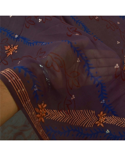 Sanskriti Vintage Purple Sarees 100% Pure Georgette Silk Hand Beaded Sari Fabric, PS-59626-Purple-Sequins Work-100% Pure Georgetta Silk-4