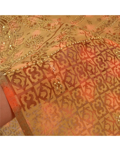 Sanskriti Vintage Indian Sarees Organza Hand Beaded Woven Sari Craft 5 Yd Fabric, PS-59650-Multi Color-Woven Work-Organza-4