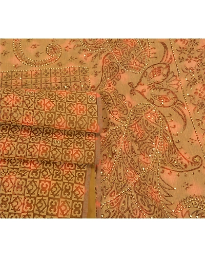Sanskriti Vintage Indian Sarees Organza Hand Beaded Woven Sari Craft 5 Yd Fabric, PS-59650-Multi Color-Woven Work-Organza-7