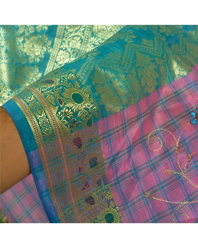 Sanskriti Vintage Pink Sarees Art Silk Embroidered Woven Premium Sari Fabric, PS-59664-Blue &amp; Pink-Zari Work-Art ( Artificial) Silk-4