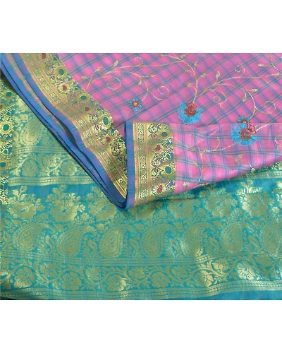Sanskriti Vintage Pink Sarees Art Silk Embroidered Woven Premium Sari Fabric, PS-59664-Blue &amp; Pink-Zari Work-Art ( Artificial) Silk-6