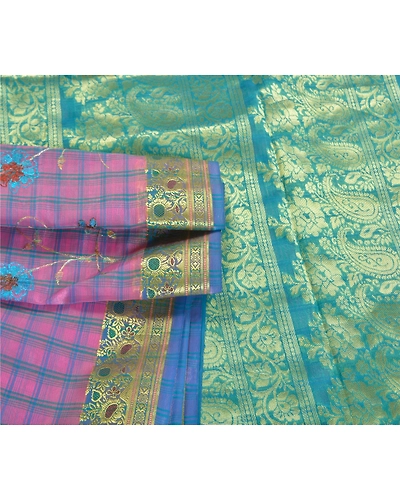 Sanskriti Vintage Pink Sarees Art Silk Embroidered Woven Premium Sari Fabric, PS-59664-Blue &amp; Pink-Zari Work-Art ( Artificial) Silk-7