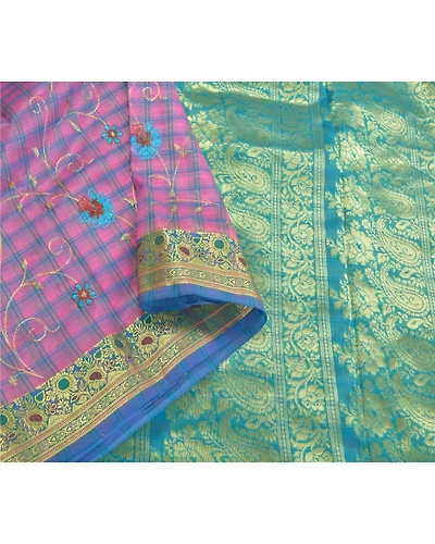 Sanskriti Vintage Pink Sarees Art Silk Embroidered Woven Premium Sari Fabric, PS-59664-Blue &amp; Pink-Zari Work-Art ( Artificial) Silk-9