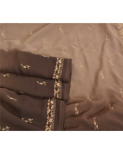 Sanskriti Vintage Brown Sarees Georgette Hand Beaded Premium Sari Craft Fabric, PS-59666-Brown-Zari Work-Georgette-7