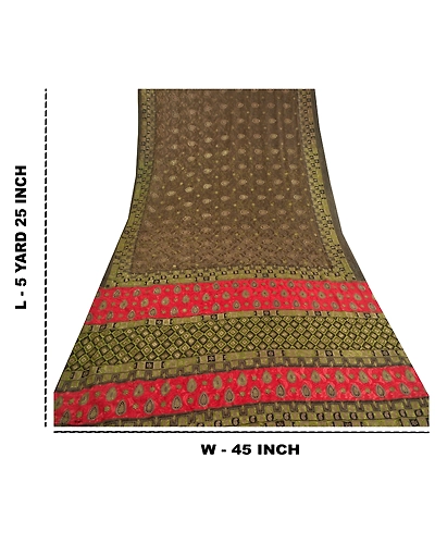 Sanskriti Vintage Brown Indian Sarees Art Silk Printed Premium Sari Craft Fabric, PS-59667-Brown &amp; Green-Printed Work-Art Silk-1