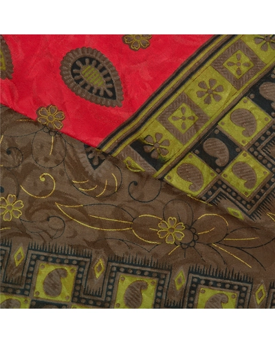 Sanskriti Vintage Brown Indian Sarees Art Silk Printed Premium Sari Craft Fabric, PS-59667-Brown &amp; Green-Printed Work-Art Silk-2