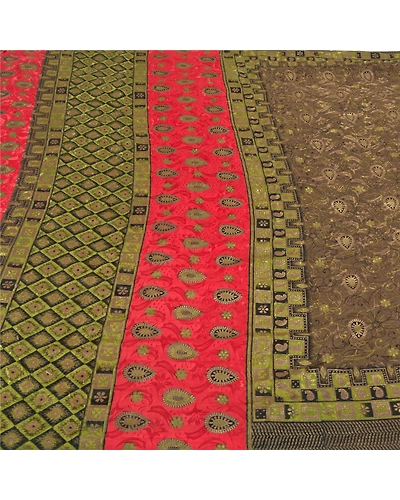 Sanskriti Vintage Brown Indian Sarees Art Silk Printed Premium Sari Craft Fabric, PS-59667-Brown &amp; Green-Printed Work-Art Silk-3