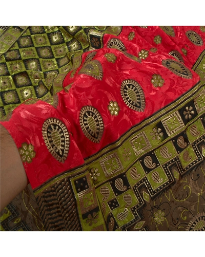 Sanskriti Vintage Brown Indian Sarees Art Silk Printed Premium Sari Craft Fabric, PS-59667-Brown &amp; Green-Printed Work-Art Silk-4
