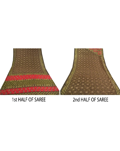 Sanskriti Vintage Brown Indian Sarees Art Silk Printed Premium Sari Craft Fabric, PS-59667-Brown &amp; Green-Printed Work-Art Silk-5