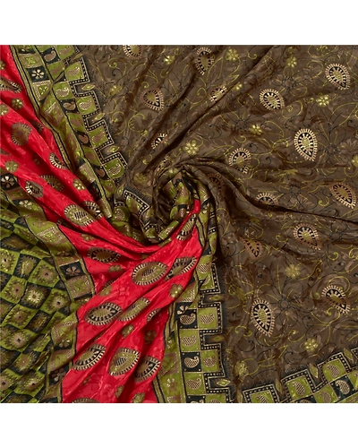 Sanskriti Vintage Brown Indian Sarees Art Silk Printed Premium Sari Craft Fabric, PS-59667-Brown &amp; Green-Printed Work-Art Silk-6