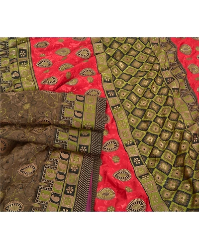 Sanskriti Vintage Brown Indian Sarees Art Silk Printed Premium Sari Craft Fabric, PS-59667-Brown &amp; Green-Printed Work-Art Silk-7
