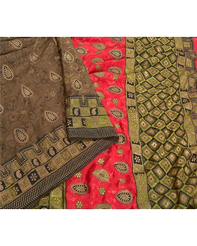 Sanskriti Vintage Brown Indian Sarees Art Silk Printed Premium Sari Craft Fabric, PS-59667-Brown &amp; Green-Printed Work-Art Silk-9