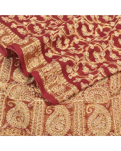 Sanskriti Vintage Dark Red Sarees Blend Georgette Hand Beaded Sari Craft Fabric, PS-59678-Dark Red-Thread Work-Blend Georgette-2