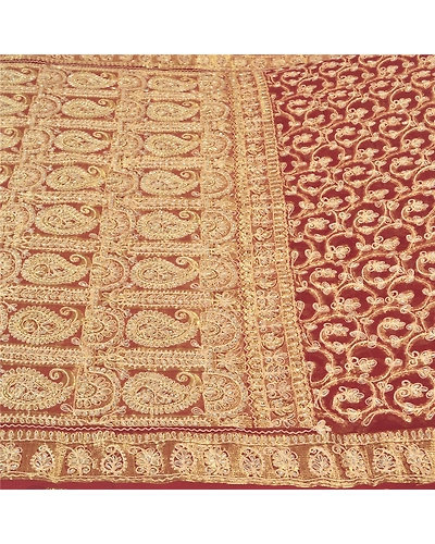 Sanskriti Vintage Dark Red Sarees Blend Georgette Hand Beaded Sari Craft Fabric, PS-59678-Dark Red-Thread Work-Blend Georgette-4