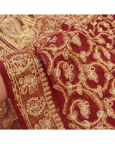 Sanskriti Vintage Dark Red Sarees Blend Georgette Hand Beaded Sari Craft Fabric, PS-59678-Dark Red-Thread Work-Blend Georgette-5