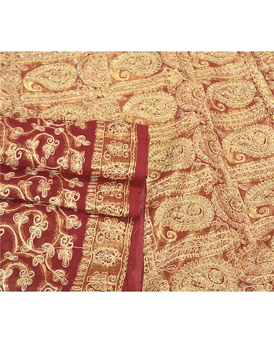 Sanskriti Vintage Dark Red Sarees Blend Georgette Hand Beaded Sari Craft Fabric, PS-59678-Dark Red-Thread Work-Blend Georgette-8