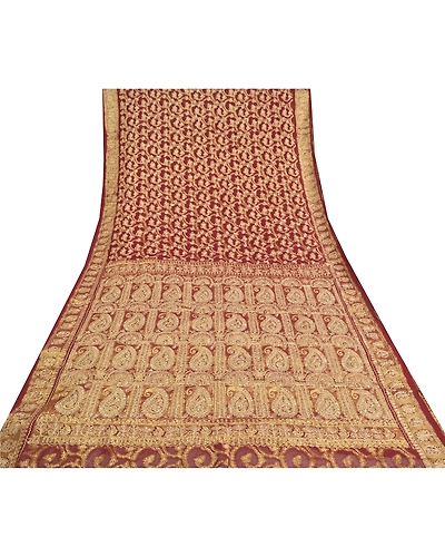Sanskriti Vintage Dark Red Sarees Blend Georgette Hand Beaded Sari Craft Fabric, PS-59678-Dark Red-Thread Work-Blend Georgette-9