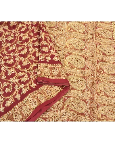Sanskriti Vintage Dark Red Sarees Blend Georgette Hand Beaded Sari Craft Fabric, PS-59678-Dark Red-Thread Work-Blend Georgette-10
