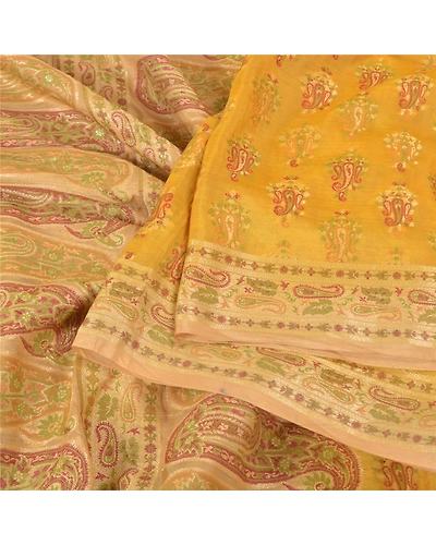 Sanskriti Vintage Yellow Sarees 100% Pure Silk Woven Premium Sari Craft Fabric, PS-59703-Shade Of Yellow &amp; Beige-Woven Work-100% Pure Silk-2