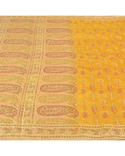 Sanskriti Vintage Yellow Sarees 100% Pure Silk Woven Premium Sari Craft Fabric, PS-59703-Shade Of Yellow &amp; Beige-Woven Work-100% Pure Silk-4