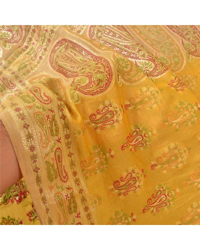 Sanskriti Vintage Yellow Sarees 100% Pure Silk Woven Premium Sari Craft Fabric, PS-59703-Shade Of Yellow &amp; Beige-Woven Work-100% Pure Silk-5