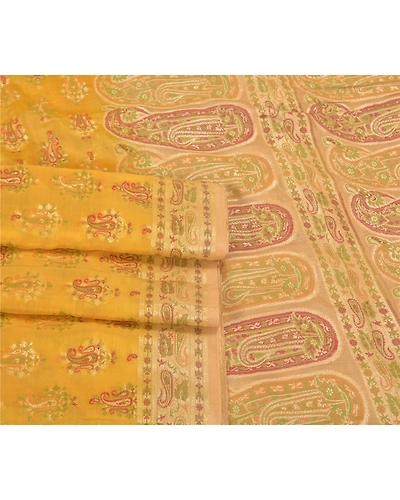 Sanskriti Vintage Yellow Sarees 100% Pure Silk Woven Premium Sari Craft Fabric, PS-59703-Shade Of Yellow &amp; Beige-Woven Work-100% Pure Silk-8