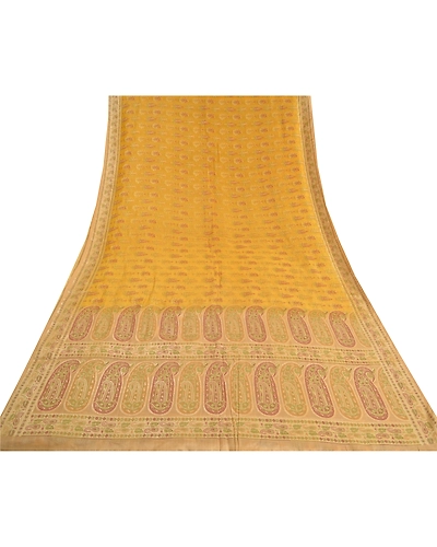 Sanskriti Vintage Yellow Sarees 100% Pure Silk Woven Premium Sari Craft Fabric, PS-59703-Shade Of Yellow &amp; Beige-Woven Work-100% Pure Silk-9