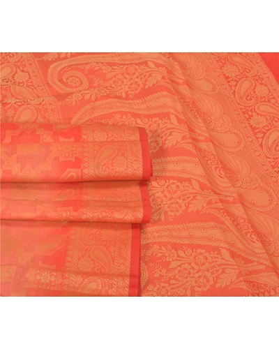 Sanskriti Vintage Peach Indian Sarees Pure Silk Woven Sari Craft Soft Fabric, PS-59709-Shade Of Peach &amp; Orange-Woven Work-100% Pure Silk-7