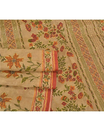 Sanskriti Vintage Brown Sarees 100% Pure Silk Hand Beaded Sari Craft Fabric, PS-59712-Shade Of Brown-Sequins Work-100% Pure Silk-8