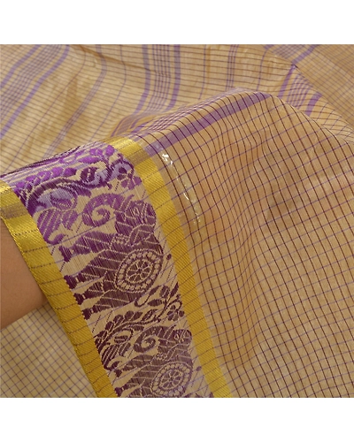 Sanskriti Vintage Cream Sarees Blend Silk Woven Chettinad Peacock Sari Fabric, PS-59717-Cream-Woven Work-Blend Silk-4