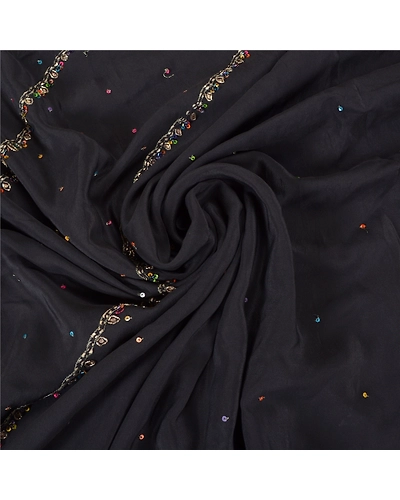 Sanskriti Vintage Black Sarees 100% Pure Silk Hand Beaded Cultural Sari Fabric, PS-59724-Black-Rhinestones Work-100% Pure Silk-6