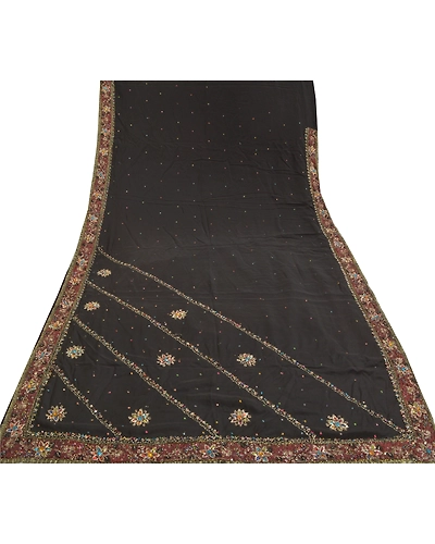 Sanskriti Vintage Black Sarees 100% Pure Silk Hand Beaded Cultural Sari Fabric, PS-59724-Black-Rhinestones Work-100% Pure Silk-8