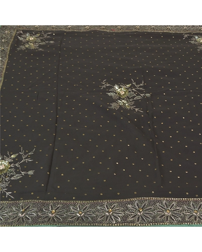 Sanskriti Vintage Bollywood Sarees Pure Georgette Silk Hand Beaded Sari Fabric, PS-59741-Black-Sequins Work-100% Pure Georgette Silk-3