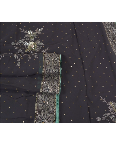 Sanskriti Vintage Bollywood Sarees Pure Georgette Silk Hand Beaded Sari Fabric, PS-59741-Black-Sequins Work-100% Pure Georgette Silk-7