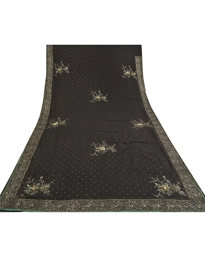Sanskriti Vintage Bollywood Sarees Pure Georgette Silk Hand Beaded Sari Fabric, PS-59741-Black-Sequins Work-100% Pure Georgette Silk-8