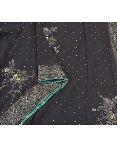 Sanskriti Vintage Bollywood Sarees Pure Georgette Silk Hand Beaded Sari Fabric, PS-59741-Black-Sequins Work-100% Pure Georgette Silk-9