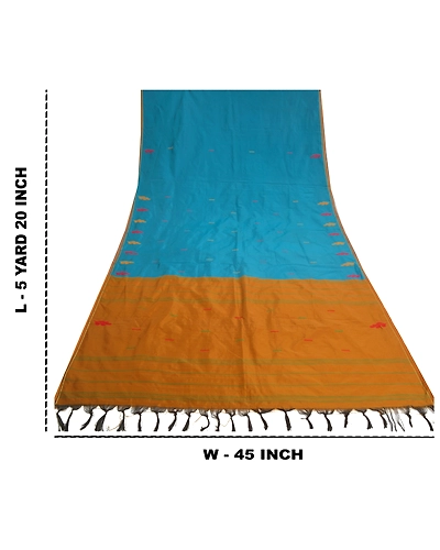 Sanskriti Vintage Blue Sarees Art Silk Hand-Woven Premium Sari Craft Fabric, PS-59751-Blue &amp; Mustard-Woven Work-Art Silk-1