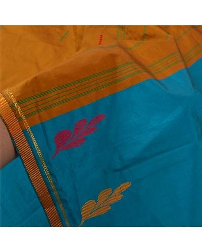 Sanskriti Vintage Blue Sarees Art Silk Hand-Woven Premium Sari Craft Fabric, PS-59751-Blue &amp; Mustard-Woven Work-Art Silk-4