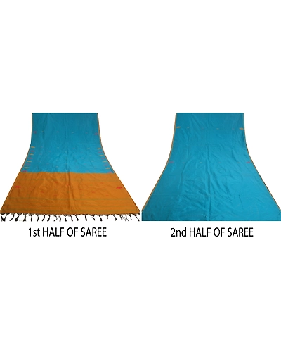 Sanskriti Vintage Blue Sarees Art Silk Hand-Woven Premium Sari Craft Fabric, PS-59751-Blue &amp; Mustard-Woven Work-Art Silk-5