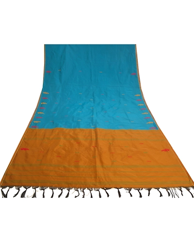 Sanskriti Vintage Blue Sarees Art Silk Hand-Woven Premium Sari Craft Fabric, PS-59751-Blue &amp; Mustard-Woven Work-Art Silk-8