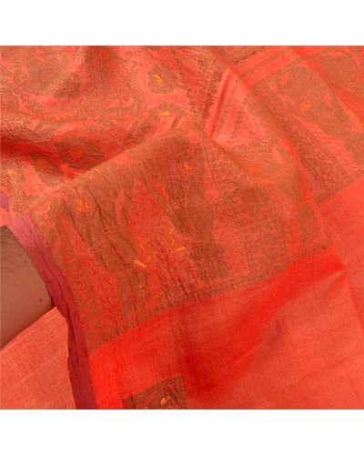 Sanskriti Vintage Orange Sarees 100% Pure Silk Woven Baluchari Sari Craft Fabric, PS-59762-Orange-0.375-100% Pure Silk-4