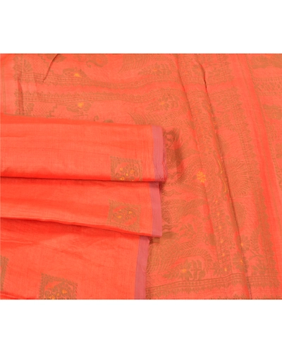 Sanskriti Vintage Orange Sarees 100% Pure Silk Woven Baluchari Sari Craft Fabric, PS-59762-Orange-0.375-100% Pure Silk-7