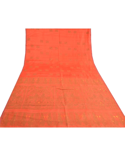 Sanskriti Vintage Orange Sarees 100% Pure Silk Woven Baluchari Sari Craft Fabric, PS-59762-Orange-0.375-100% Pure Silk-8