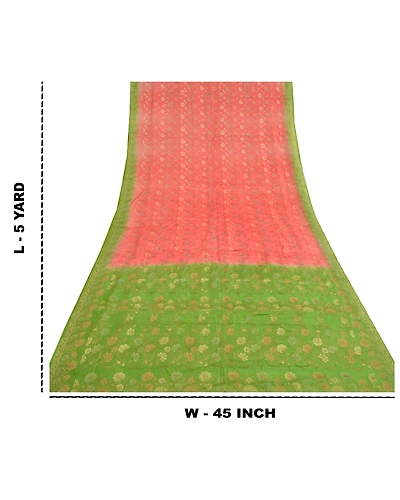Sanskriti Vintage Peach Sarees 100% Pure Silk Woven Premium Sari Craft Fabric, PS-59765-Peach &amp; Green-Woven Work-100% Pure Silk-1