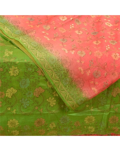 Sanskriti Vintage Peach Sarees 100% Pure Silk Woven Premium Sari Craft Fabric, PS-59765-Peach &amp; Green-Woven Work-100% Pure Silk-2