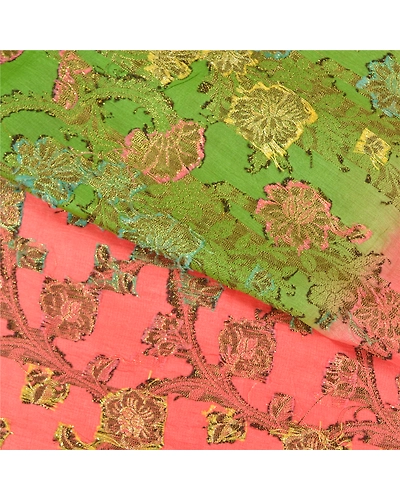 Sanskriti Vintage Peach Sarees 100% Pure Silk Woven Premium Sari Craft Fabric, PS-59765-Peach &amp; Green-Woven Work-100% Pure Silk-3