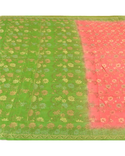 Sanskriti Vintage Peach Sarees 100% Pure Silk Woven Premium Sari Craft Fabric, PS-59765-Peach &amp; Green-Woven Work-100% Pure Silk-4