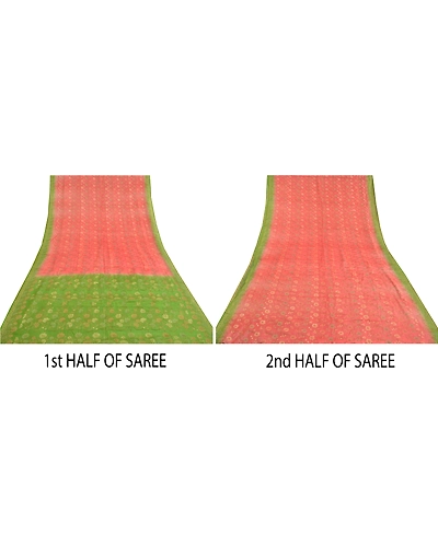 Sanskriti Vintage Peach Sarees 100% Pure Silk Woven Premium Sari Craft Fabric, PS-59765-Peach &amp; Green-Woven Work-100% Pure Silk-6